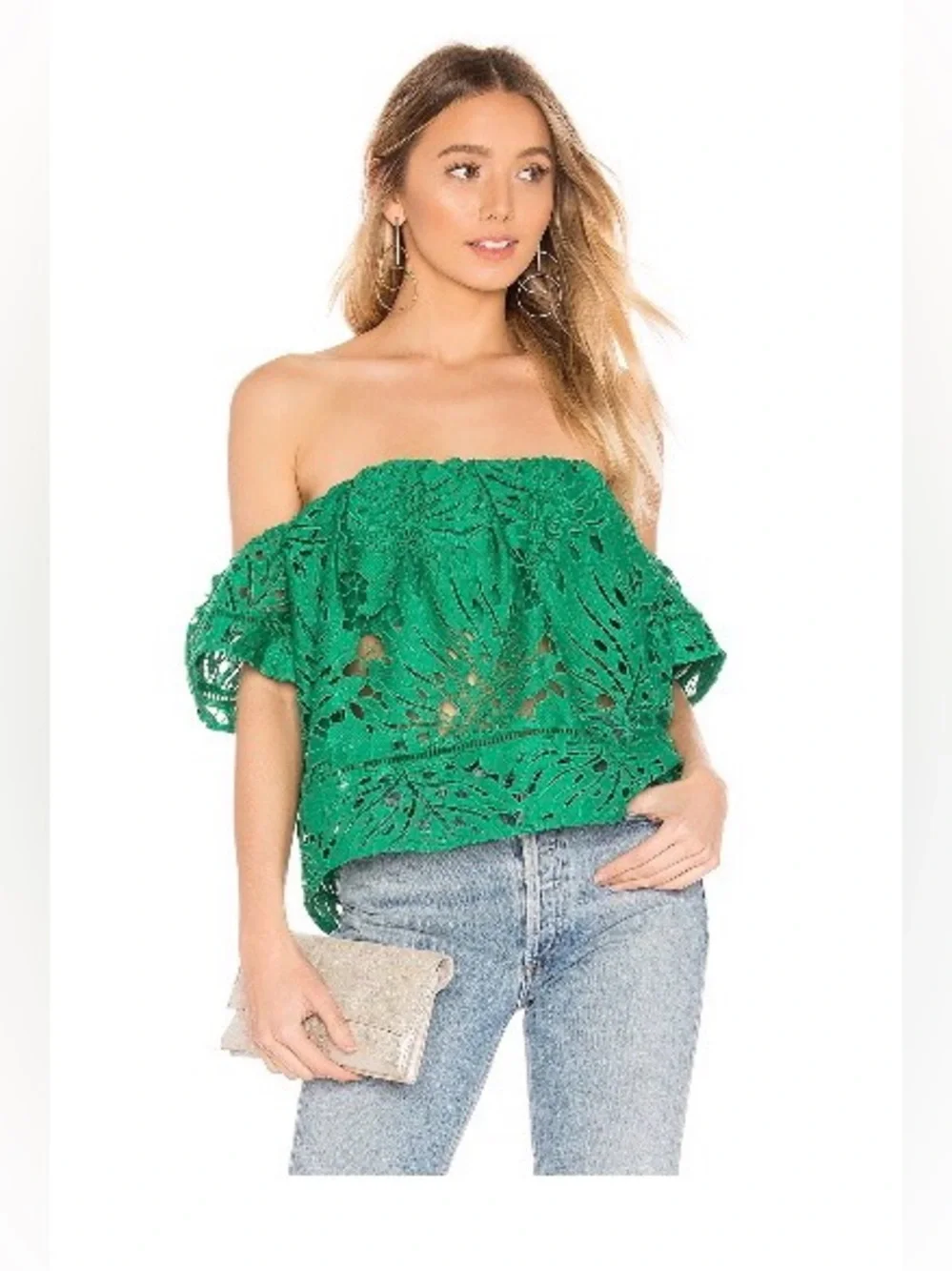 Lovers + Friends Life’s a beach Off-Shoulder Lace Crochet Top in Kelly Green XS